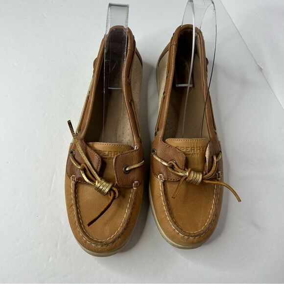 Stylish Tan Boat Shoes with Gold Accents - Picture 3 of 11
